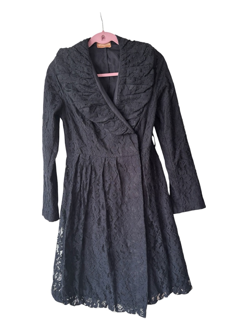 ARMINE Navy Blue Lace Coat Dress Size 38 Elegant Modest Floral Lace Turkey